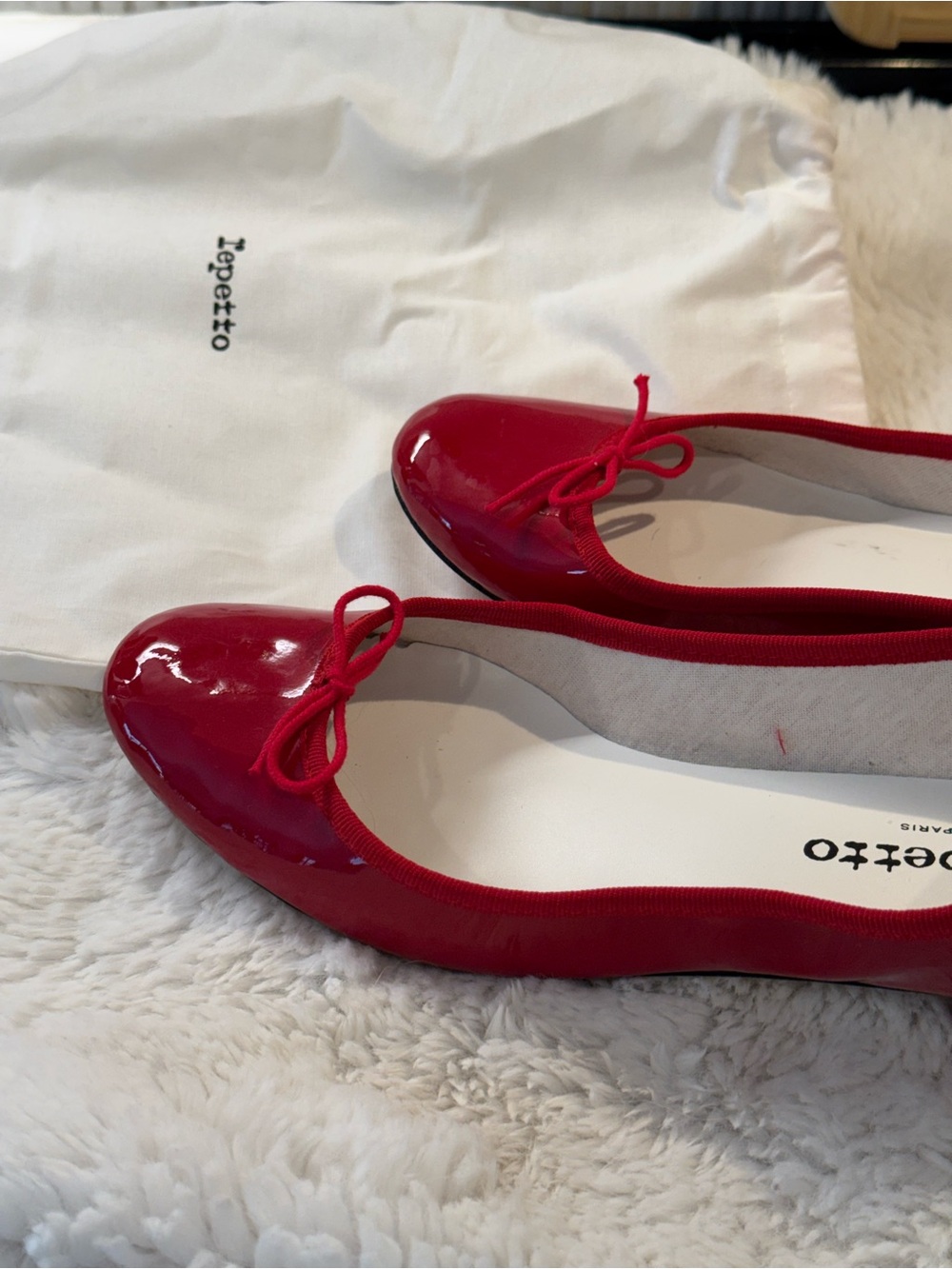 Repetto Patent Red Ballet Flats with Bow Trim